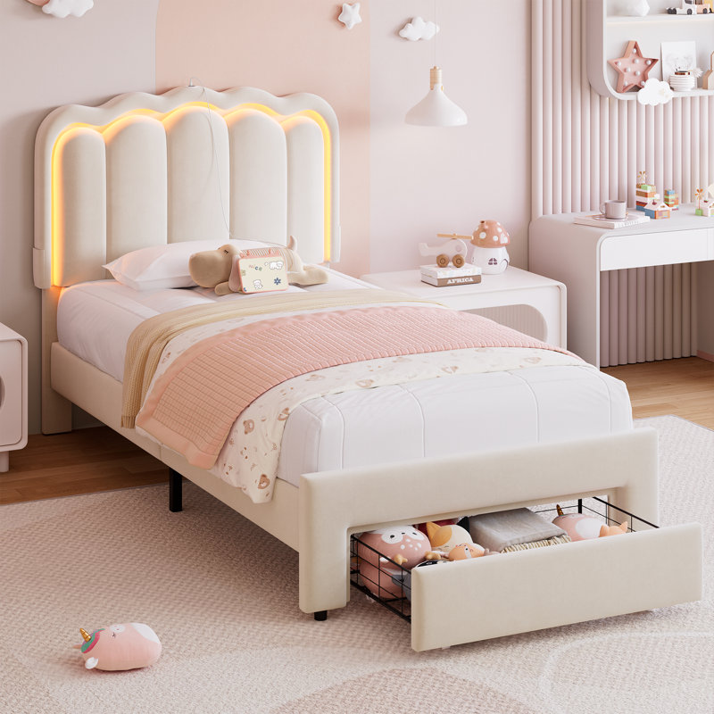 Daphne Upholstered LED Bed Frame With Drawer & Adjustable Headboard, Kids Beds, Beige, Twin