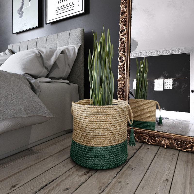 Handmade Round Tan and Green Jute Storage Basket with Loop Handles