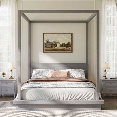 Grand lit plateforme à baldaquin en bois avec tête de lit, conception intemporelle et fabrication robuste pour les chambres élégantes (matelas non inclus)