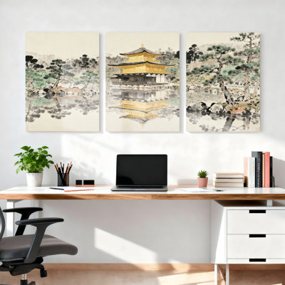 «Japanese Golden Pagoda», ensemble de 3 impressions sur toile tendues sur toile
