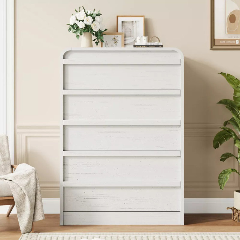Arched 5 Drawer Wood Dresser with Curved Profile, Modern Storage Chest, White