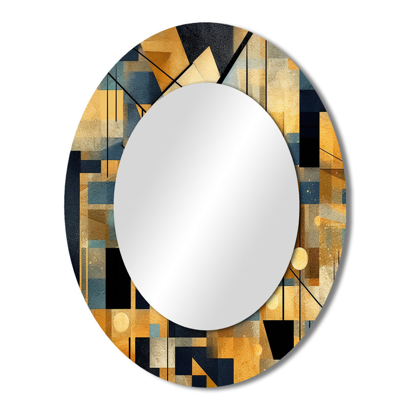 Gold Cubist Visions II - Abstract Oval Decorative Mirror On Metal, 43" x 33"