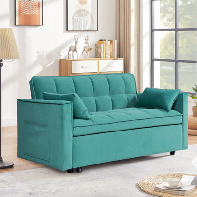 Lit convertible en velours bleu de 55 pouces, pour la chambre à coucher et le salon, sièges confortables, rembourré en éponge, pieds de lit en métal argenté, doux et confortable, 2