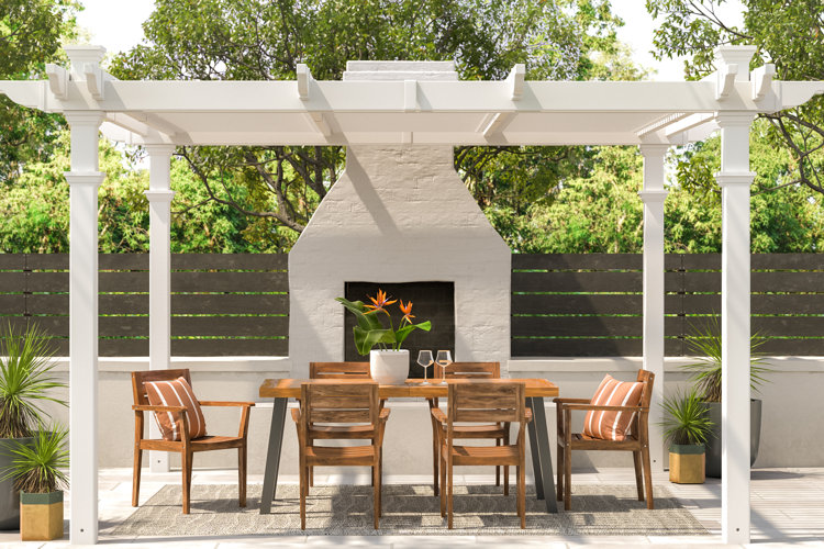 white pergola over a teak dining set