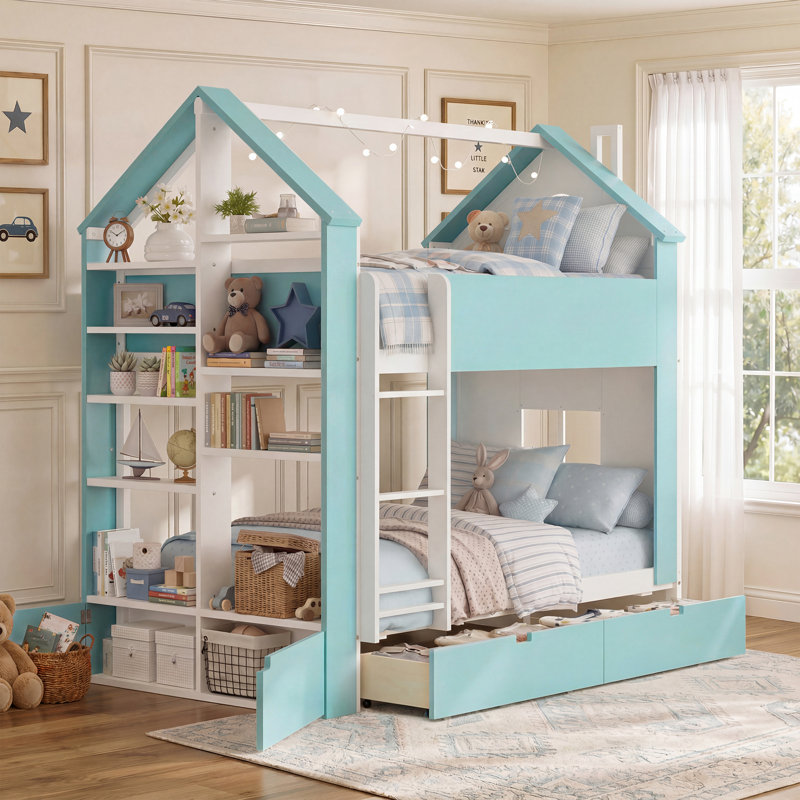 Lit superposé en bois avec tablettes, bande lumineuse à DEL, tiroirs et échelle Wood House, Twin, White Blue