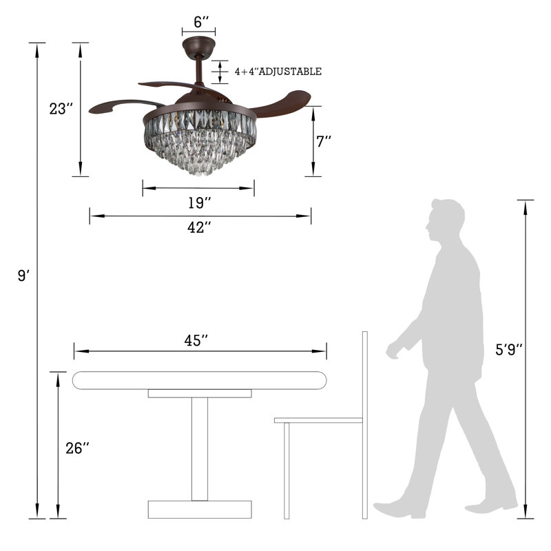 Kaelig 42" Crystal  Invisible Ceiling Fan Light with Remote Control, Retractable Fan Blades