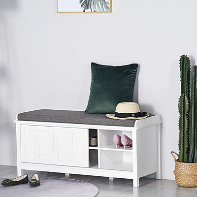Shoe Bench Storage Ottoman with Sliding Doors, Adjustable Shelving, 6 Compartments, and Padded Seat
