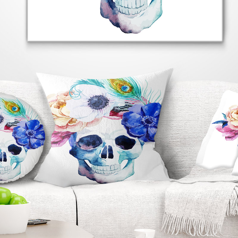 Anemones and Scull - Coussin imprimé floral, 16 po x 1 po, Coussin décoratif