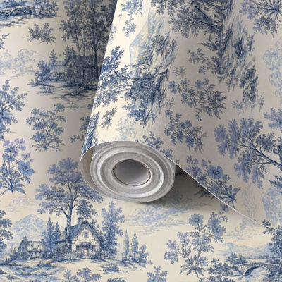 Papier peint adhésif vintage de style champêtre bleu et blanc, amovible et imperméable, motif champêtre, idéal pour chambre, salon et cuisine (22,8 po x 118 po).