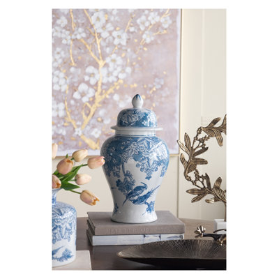 Vase décoratif classique en porcelaine bleu et blanc avec motif floral et oiseau, H 15,2 "avec couvercle