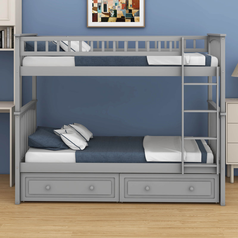 Lit superposé en bois avec tiroirs et échelles, Gris, Simple sur simple