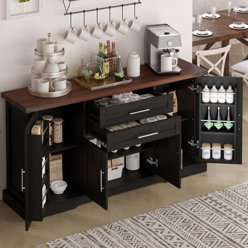 63" Farmhouse Storage Cabinet with 2 Drawers & Door Rack, Large Buffet Table Coffee Bar Cabinets with Adjustable Shelves