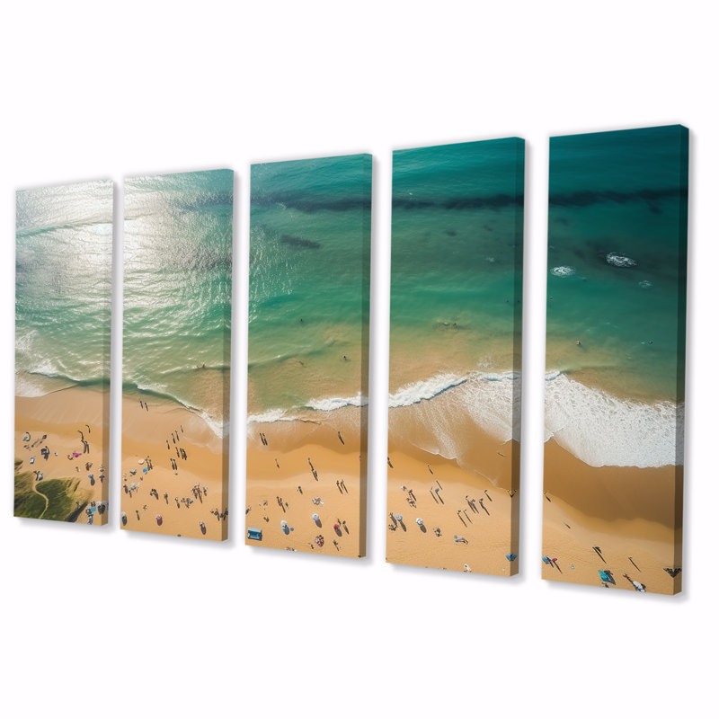 «Coastal Waves Aérienne II», art mural plage et océan 5 pièces, H 32 po x l 80 po