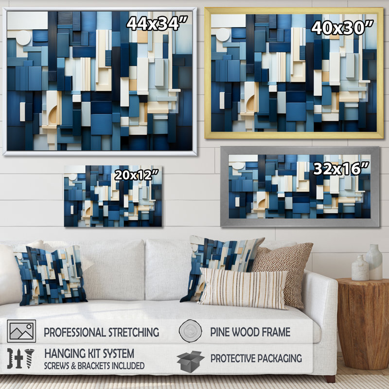 «Blue Behemoths Modern Skycrapers - Skyscrapers», art mural, Cadre flottant doré, H 12 po x l 20 po x P 1 po