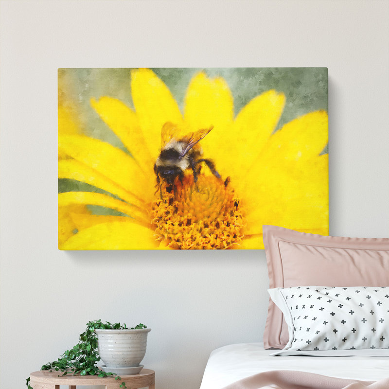 Bee Collecting Pollen Painting - Wrapped Canvas, 60cm H x 91cm W x 3cm D