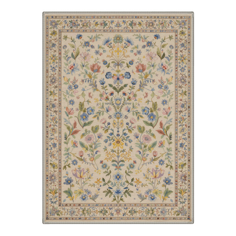 Allsop Verdant Floral Machine Washable Beige / Green / Blue Indoor Area Rug with Non-Slip Backing, Rectangle 8' x 10'