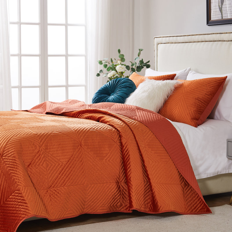 Burnt Orange Velvet Geometric Full/Queen Quilt Set