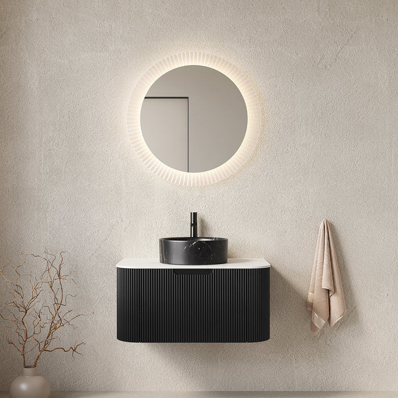 Meuble-lavabo mural de 30 po avec lavabo en céramique, plateau en pierre frittée et tiroirs pleine extension pour salle de bain moderne