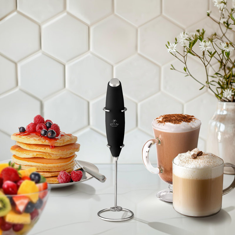 Black Modern Handheld Electric Milk Frother with Stand
