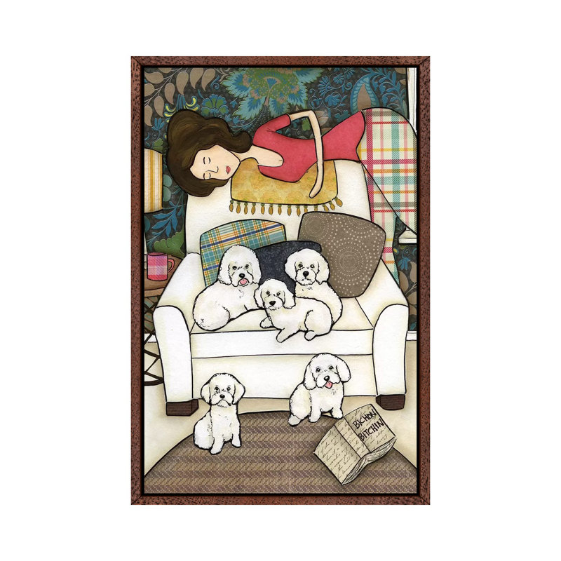 Bichon Bitchin by Jamie Morath - Print on Canvas, 101.6cm H x 66.04cm W x 3.81cm D, Classic Brown Wood Floater Framed
