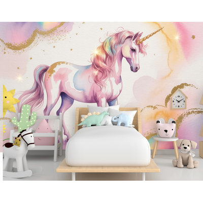 Aquarelle de fleur de licorne, graphique mural, autocollant, chambre de fille