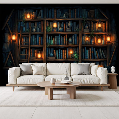 Papier peint à peler et coller Bibliothèque en bois rétro Lanternes lumineuses Échelles Murales fantastiques et douillettes H 69 po x l 96 po Papier peint amovible en PVC, peinture murale autocollante