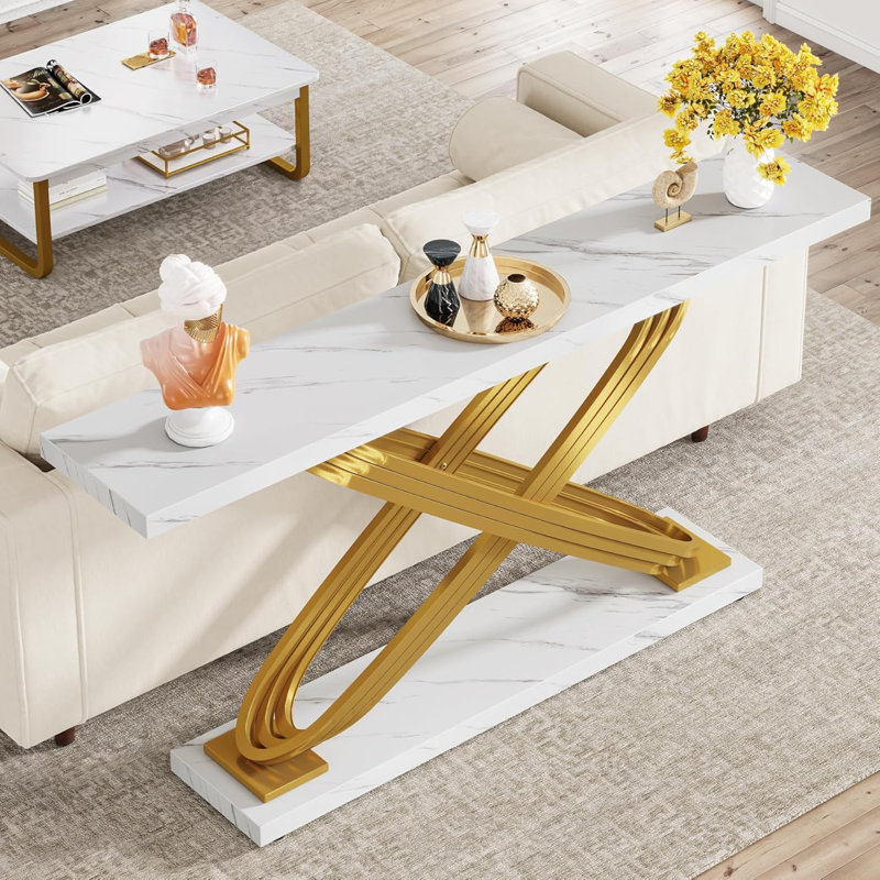 55 Inch Modern Console Table, Gold Entryway Table Behind Sofa Couch, Narrow Rectangular Sofa Table For Living Room, Bedroom, Front Hall, Hallway, Gold & White