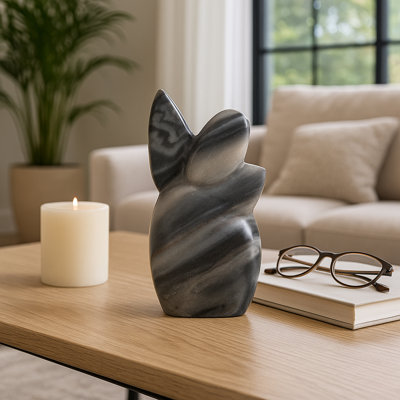 Carved Marble Statue Figurine For Home Decor - Elegant Sculpture Decoration For Living Room - Contemporary Stone Accent For Console Table - Gray and White