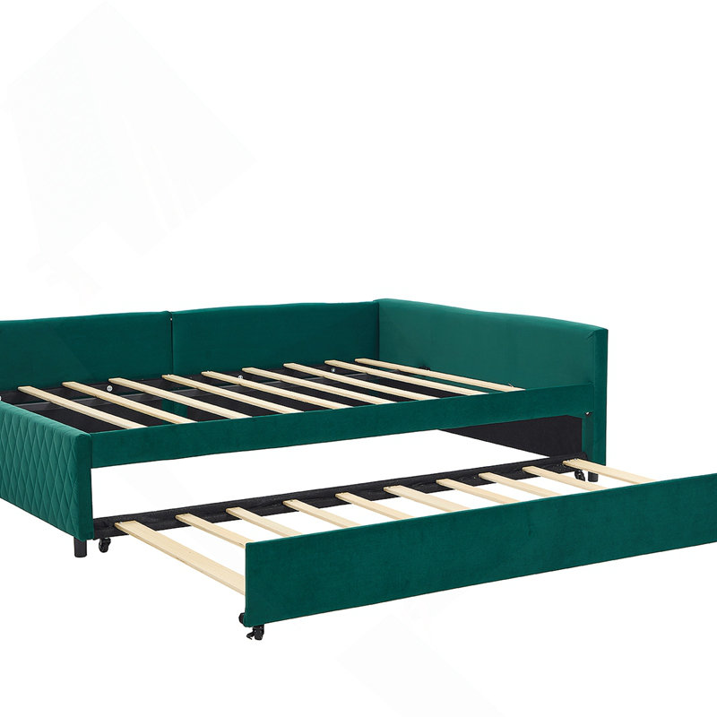 Upholstered Daybed with Trundle,sturdy wooden bed frame, modern diamond grid design,for Bedroom, Guest Room (Emerald)
