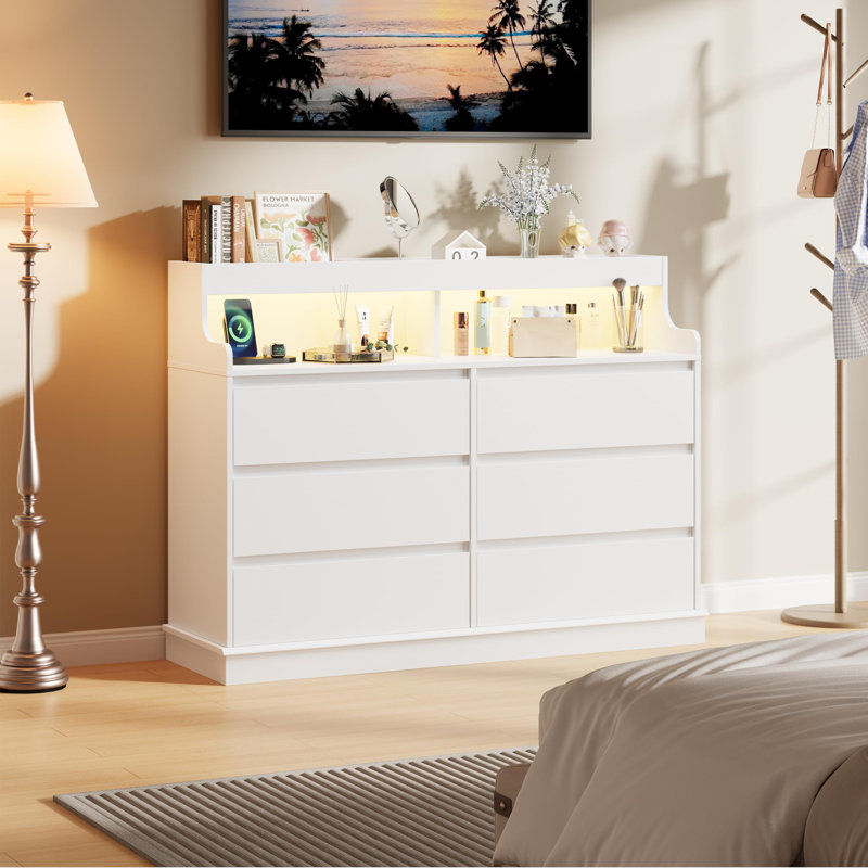 6-Drawer Dresser with RGB LED Lights & Charging Station – Modern Wide Storage Chest with Outlet, USB Ports, and Open Shelf for Bedroom, Living Room