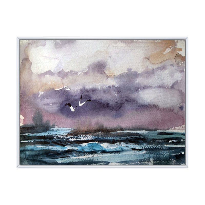 Vague et goélands - Peinture sur toile, H 16 po x l 32 po x P 1 po, Cadre flottant blanc