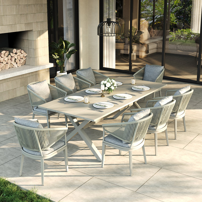 Ensemble repas extérieur pour 8 personnes avec coussins 8 personnes, Gris clair / blanc, 8