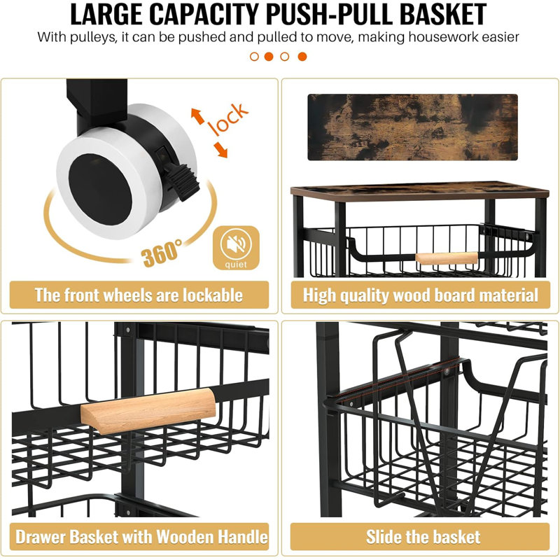 5-Tier Rolling Storage Cart with Wheels, Large Capacity Kitchen Cart, Mobile Utility Cart with Wooden Tabletop and Mesh Baskets, Bathroom, Laundry Room
