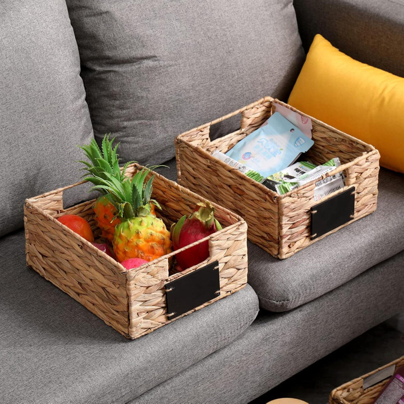 Ensemble de 4 paniers de rangement rectangulaires en ruppie maritime, panier de rangement de cuisine, panier pliable en jacinthe d'eau, paniers de garde-manger tissés avec étiquettes et marqueurs à craie blanche, ensemble de 4