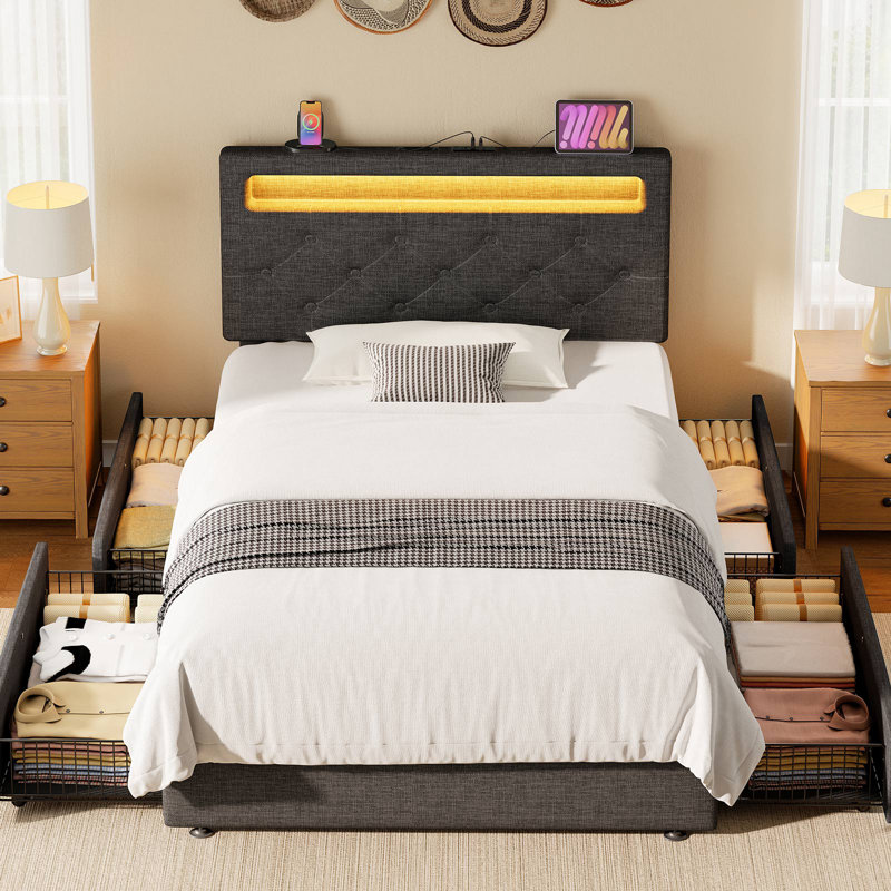 Bed Frame with Adjustable Headboard, Upholstered Bed with Power Outlets & RGB LED Lights, Twin, Gray, With Drawers