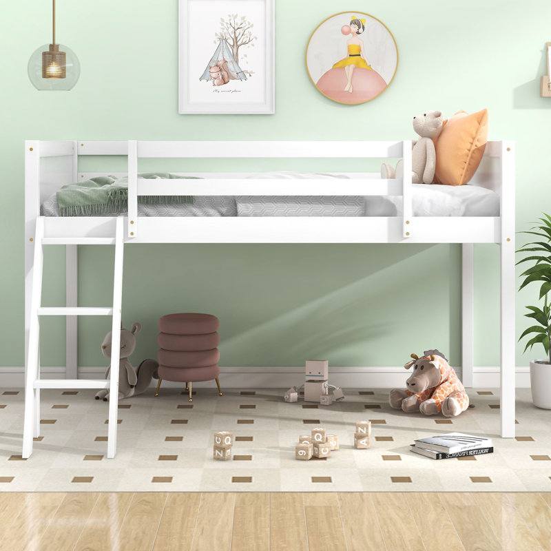 Lit mezzanine bas en bois avec échelle, Gris, Lit simple