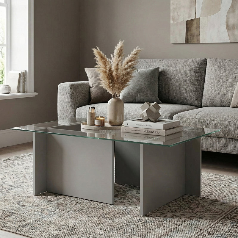 Table basse rectangulaire en verre trempé, Gris, H 15,7 po x l 41,3 po x P 25,6 po