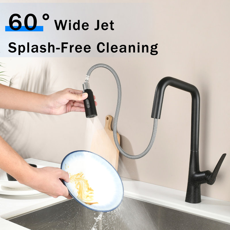 Matte Black, Single Hole, Kitchen Faucet, 3 Function, 360 , One Touch Switching, 8.42 In. Product Depth, 1.8 Gallons Per Minute Maximum Flow Rate, 23.6 In Pull-Out Hose, Water Modes, Pull Down Lever