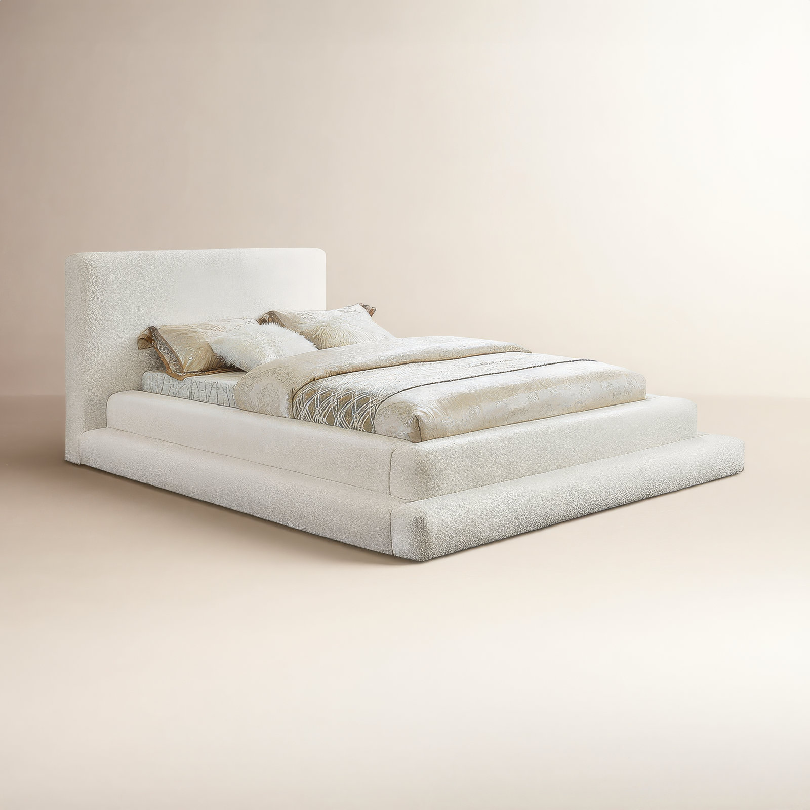 Hoffarth Upholstered Bed, Queen, Cream Faux Shearling Teddy Fabric