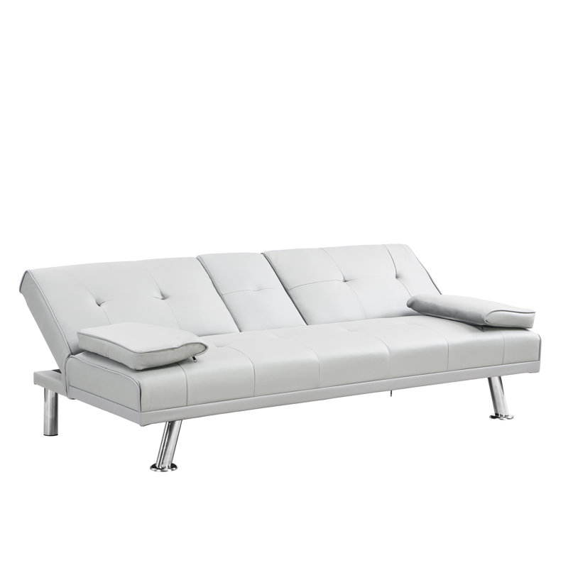 Sofa Bed With Armrest Two Holders Wood Frame, Stainless Leg, Futon White Pvc, White
