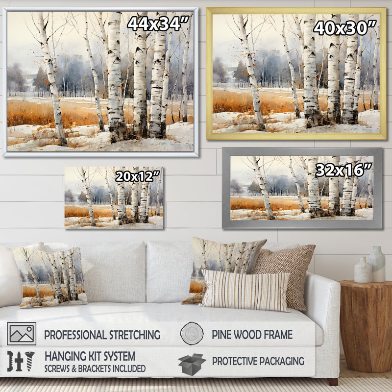 Beauté de bouleau beige et gris II sur toile, H 30 po x l 40 po x P 1,5 po, Cadre photo blanc