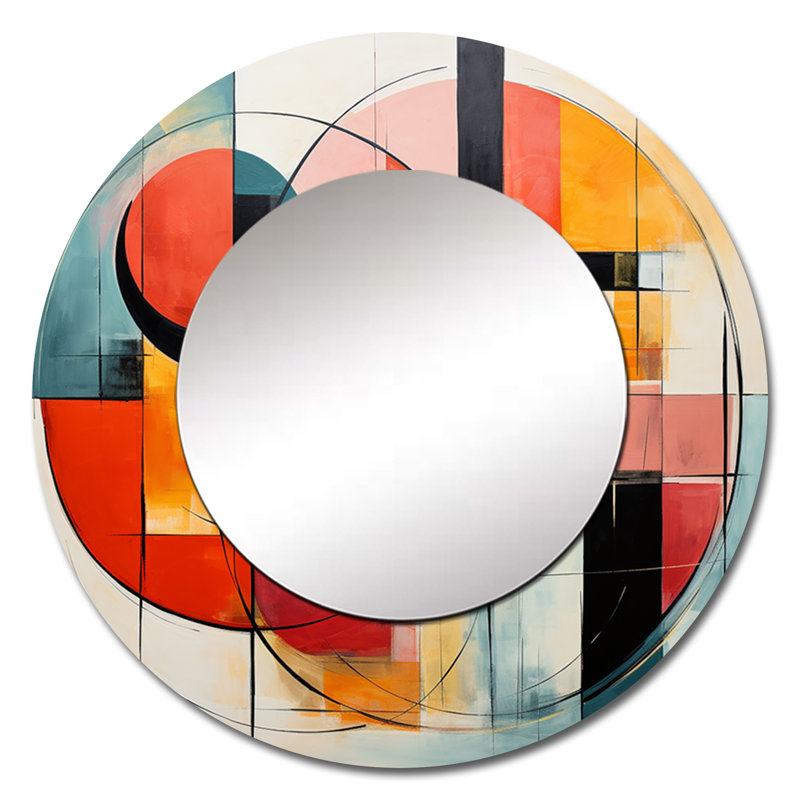 Abstractions géométriques bleues et oranges du milieu du siècle I - miroir moderne de style Mid-Century, 36 po x 36 po