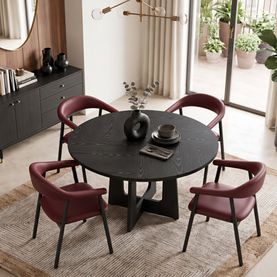 Ensemble de salle à manger rond moderne de 47 pouces pour 4 personnes, table en bois noir avec pied géométrique et 4 fauteuils en cuir PU
