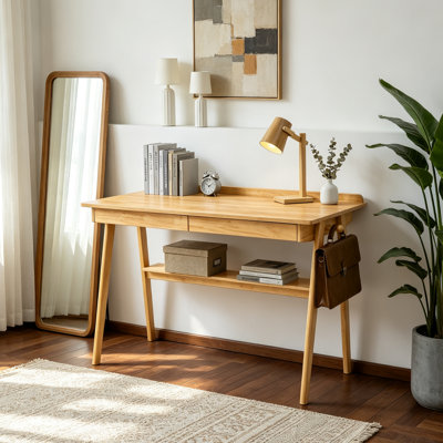 47" Solid Wood Desk with 2 Drawers & Side Hooks – Mid-Century Modern Writing Table for Home Office, Study, or Dorm