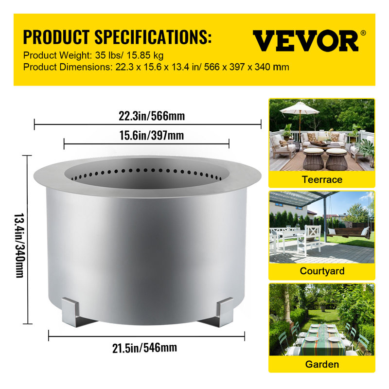 Foyer sans fumée VEVOR 15,6, H 13,4 po x l 27,6 po x P 27,6 po, Argent