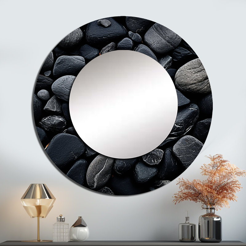 Rokeem, pierres noires, paysage minimaliste - miroir en pierre géode, miroir mural rond noir unique, impression sur métal