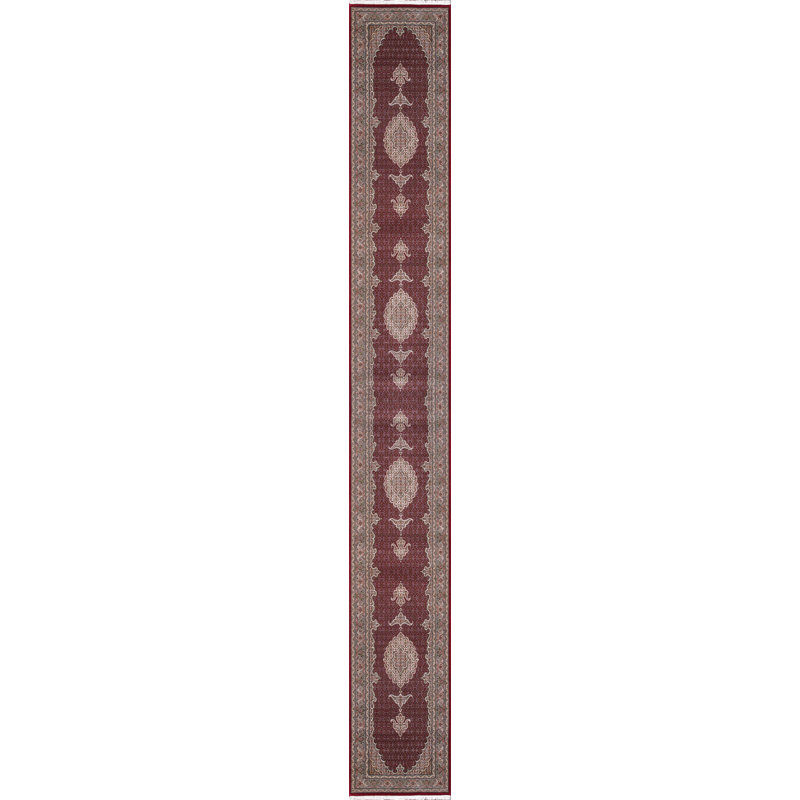 Tapis rouge en soie et laine noué à la main Baku, Tapis de couloir 2 pi 6 po x 19 pi 8 po