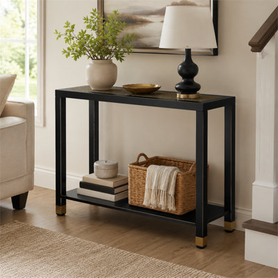 Table étroite en verre noir et doré à deux couches de 41 pouces à deux couches, idéale pour les couloirs, les entrées, les salons et les bureaux.