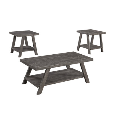 3PC Gray Coffee Table Set Coffee Table And 2 End Tables Wood Grain Finish Built-In Storage Shelf Contemporary Living Room Home (Only Including Table)