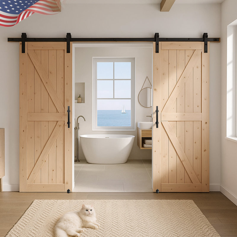 Paneled Wood Unfinished Double Barn Door with Installation Hardware Kit, 48" x 84"